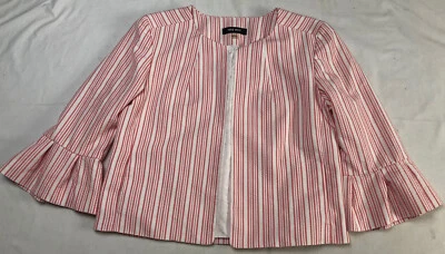 Chaqueta corta Nine West para mujer a rayas con volantes coral rosa blanco talla 6 Foto 1 de 4