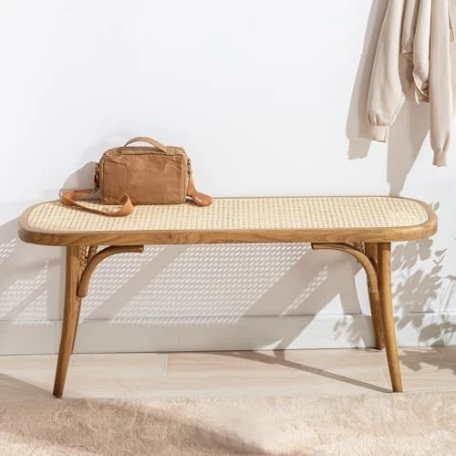Natural Rattan Ottoman Bench with Wood Legs – Retro Hallway & Dining Seat - Image 1 of 4