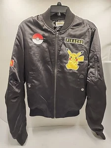 POKEMON Pikachu Jacket , Black Nylon Patches Varsity Bomber Size S-M - Picture 1 of 16