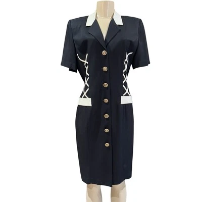 Vestido Vintage Danny & Nicole New York Blanco y Negro Abotonado Carrera Preppy Foto 1 de 4