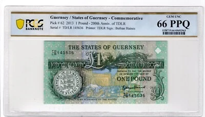 Guernsey 2013 1 Pound PCGS Banknote UNC Gem 66 PPQ Pick 62 Commemorative - Image 1 of 2