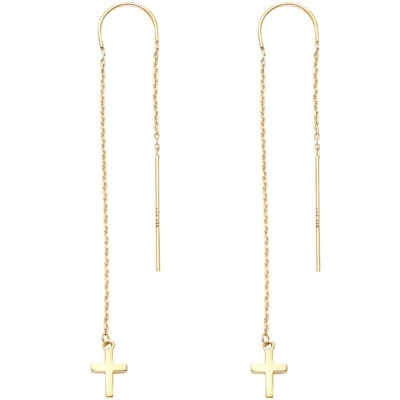 14K Solid Yellow Gold Cross Cable Chain Threader Earrings, 2.7" long - ER1728 - Image 1 of 4