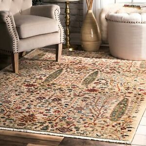 nuLOOM Contemporary Tribal Floral Fringe Area Rug in Green, Beige, Red