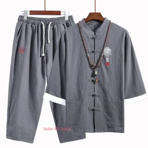 Mens Cotton Linen Tang Suit Outfit Sets Shirts Martial Arts Kung Fu Taichi Suit - Picture 1 of 14
