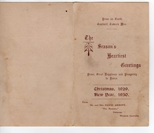 Christmas Greetings Card from David abbott, The Rectory, Palmyra, WA 1929