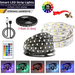 LED Strip Light 1-5m RGB 5050 Color Changing Tape Cabinet TV Lighting B&W Cord - Picture 1 of 14