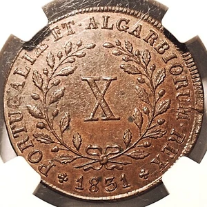 NGC MS63 BN - Portugal 10 reis 1831 coin (D. Miguel I; SCARCE condition!) - Picture 1 of 4