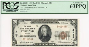 Portland, Oregón 1929 tipo 1. Billete de 20 dólares estadounidense NB CH#4514 GRADUACIÓN PROFESIONAL 63PPQ - Imagen 1 de 2