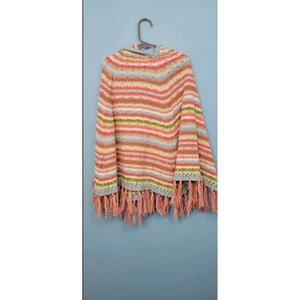 Gap Nordic Fair Isle Striped Knit Hooded Pullover Poncho Cape Sweater Girls M - Picture 1 of 7