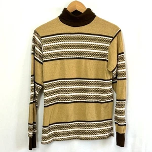 70s Rite Smart Brown White Fair Isle Light Weight Turtle Neck Sweater - Picture 1 of 6