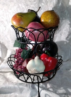 Vintage 2-Tier Countertop Fruit & Vegetable Black Metal Storage / 9 Pc Veggie  - Image 1 of 4