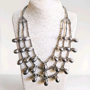 Vintage Silver Tone 3-Strand Teardrop Bead Necklace – Southwest Boho Statement - Picture 1 of 8