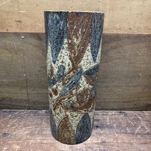 Vintage Otagiri Japan MCM Incised Cylinder Vase 8.5” Stoneware Brown Blue Color - Picture 1 of 11