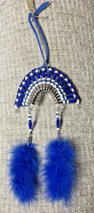 Native American Beaded Indian Headdress w/ Feathers Hand Made Blue & White - Picture 1 of 6