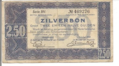 NETHERLANDS, 2 1/2 GULDEN, ZILVERBON, 1938 - Image 1 of 2