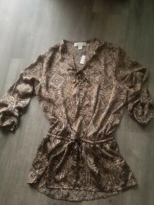 Michael Kors Ecru Silk Toffee Brown Adj sleeve sz 10 Blouse Shirt Tunic MK New - Picture 1 of 6