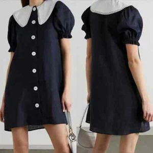 Sleeper Womens Marie Linen Mini Dress With Collar And Headscarf Large XL Blue - Picture 1 of 14