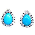 Gemstone 6 x 8 MM. Blue Turquoise & White Zircon Earrings 925 Sterling Silver