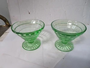 Vtg Anchor Hocking Block Optic Green Uranium Glass Sherbet Cups - Set Of 2 GLOWS - Picture 1 of 5