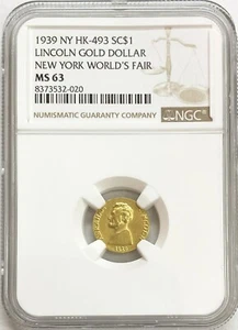 1939 GOLD LINCOLN NEW YORK WORLDS FAIR $1 COMMEMORATIVE COIN NGC MINT STATE 63 - Picture 1 of 2