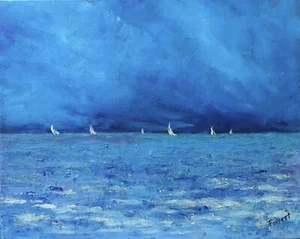 Pintura acrílica original 8x10 Racing the Storm veleros barcos nubes paisaje marino - Imagen 1 de 1
