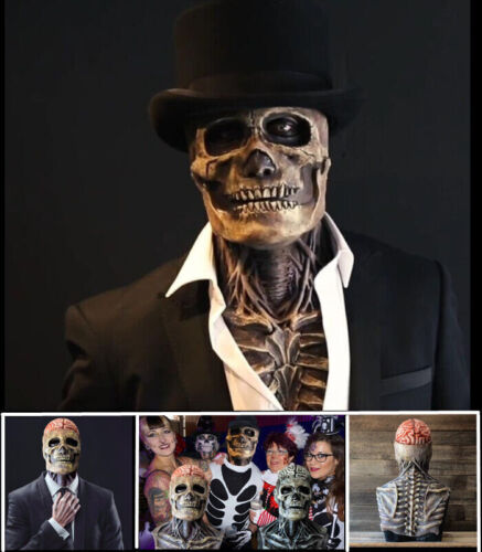 Halloween Moving Jaw Latex Full Party Scary Brain Head Skull Mask Skeleton