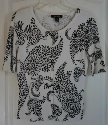 Cárdigan suéter manga corta White House Black Market blanco negro brillante talla M Foto 1 de 4