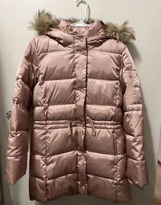 GAP KIDS Big Girl’s Rose Gold Faux Fur Hooded Long Puffer Jacket, Size XXL, NWT - Image 1 of 4