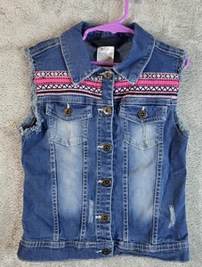 Star Ride Girl Denim Southwestern Vest Cowgirl Rodeo Aztec Boho Small 7/8 - Picture 1 of 7