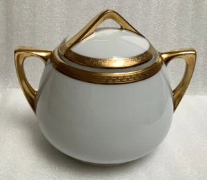 O. & E. G Gutherz Royal Porcelana Tazón de Azúcar con Tapa Oro Blanco Llave Griega Austria - Imagen 1 de 8