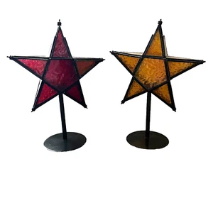 Amber Red Stained Glass Metal Star Tea Light Candle Holder With Stand 12” tall - Picture 1 of 6
