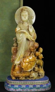10.8" Old Chinese Tianhuang Shoushan Stone Lotus Tongzi Kwan-yin Guan Yin Statue - Picture 1 of 10