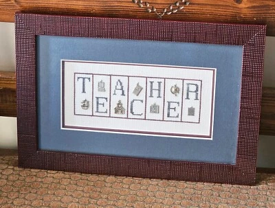 Framed With Glass, Handmade Cross Stitch "Teacher" With Trinkets - Image 1 of 3
