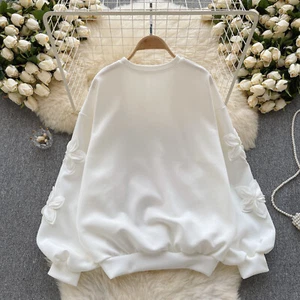 Womens Long Sleeves Sweatshirt 3D Flowers Round Neck Casual Loose Fashion Tops - Picture 1 of 26