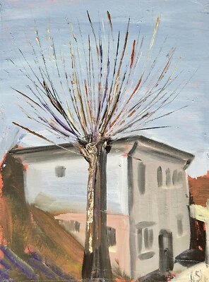 Original oil painting spring tree abstract cityscape 7x9.5" - Image 1 of 4