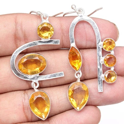 Pendientes de piedras preciosas de cuarzo citrino hechos a mano para ella joyas de plata 2,5" Foto 1 de 4