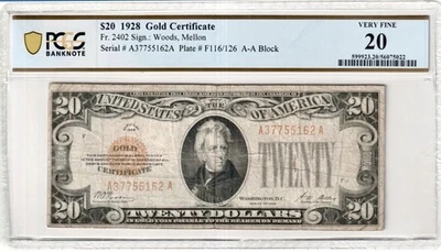 CERTIFICADO DE ORO DE $20 1928 FR 2402 PCGS VF20 SIN COMENTARIOS - ¡GRAN NOTA!! Foto 1 de 2