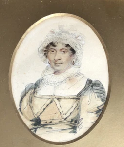 Antique REGENCY / GEORGIAN Miniature Portrait Watercolor Lady In Bonnet - Picture 1 of 8
