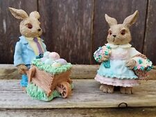 Easter Bunny Rabbit Figurines Pushing Egg Wheelbarrow Basket Flowers 4” x 3” VTG