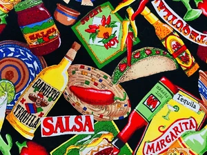 2 yards unwashed quilting cotton with salsa, chili, tequila theme 45" wide - Picture 1 of 5
