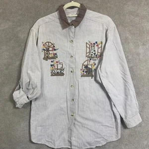 Vintage VJ Woman Shirt Damen 20 W braun gestreift Katzen Knopfleiste Oma Freizeit - Bild 1 von 15