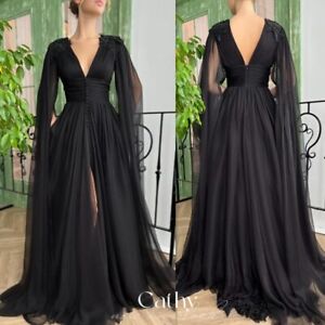 Black Cape Floor Length Prom Dresses Sexy Side Split Tulle A-line Evening Gowns