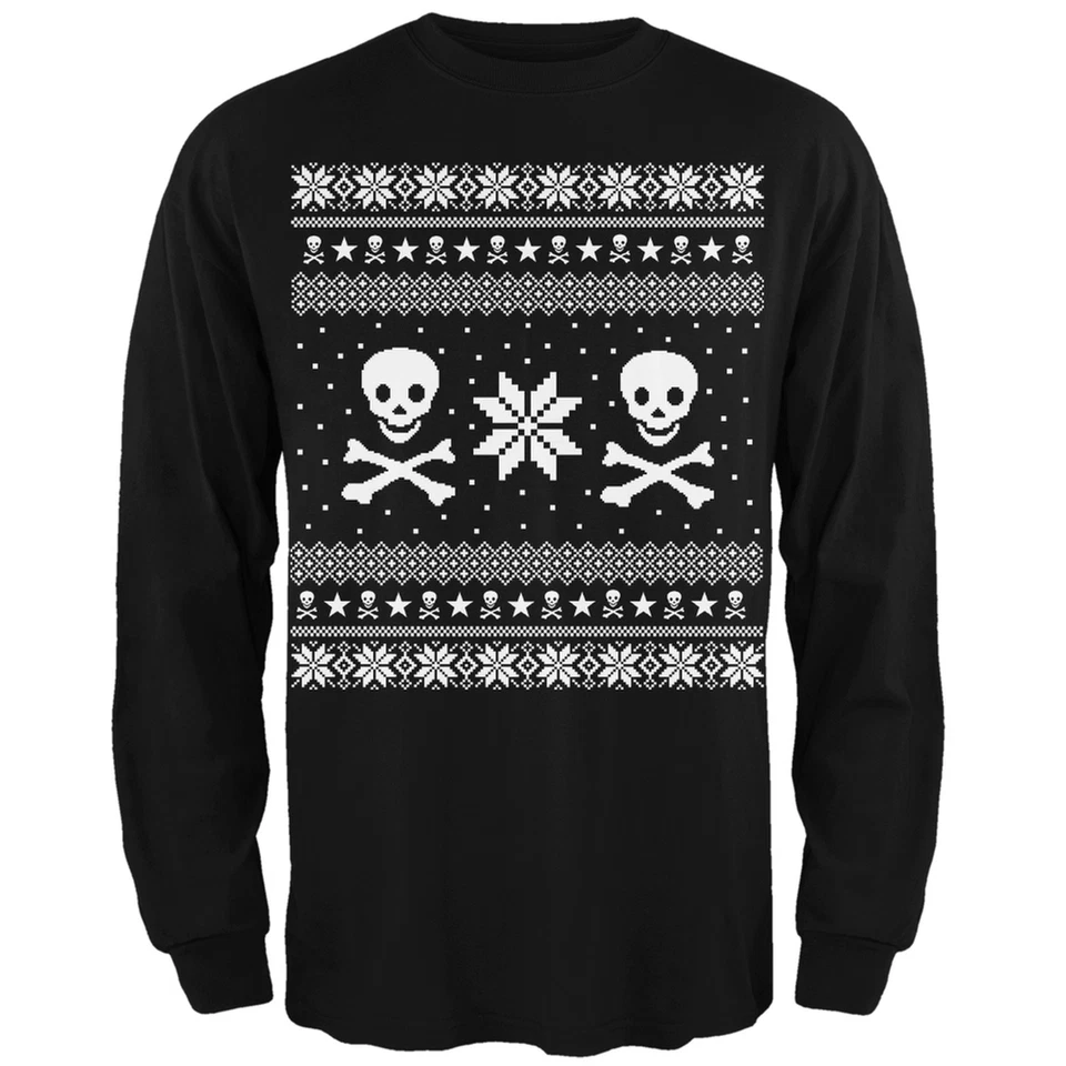 Calavera y Huesos Cruzados Feo Navidad Suéter Negro Manga Larga Camiseta Foto 1 de 1