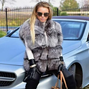 Real Sliver Fox Fur Vest with Warm Fur Collar Women Outerwear Gilet - Picture 1 of 6
