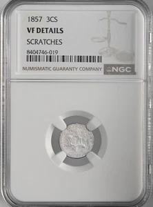 1857  3CS THREE CENT SILVER PIECE  NGC VF DETAILS "SCRATCHES"    #8404746-019 - Picture 1 of 4