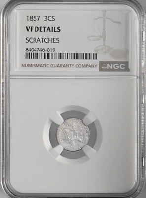 1857  3CS THREE CENT SILVER PIECE  NGC VF DETAILS "SCRATCHES"    #8404746-019 - Image 1 of 4