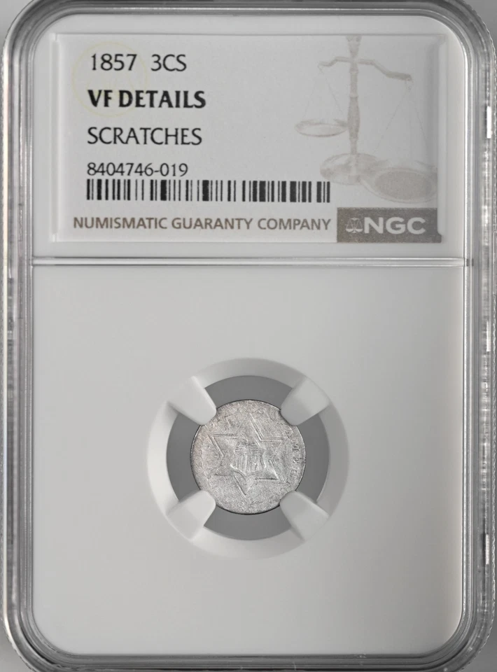 1857  3CS THREE CENT SILVER PIECE  NGC VF DETAILS "SCRATCHES"    #8404746-019 - Image 1 of 4