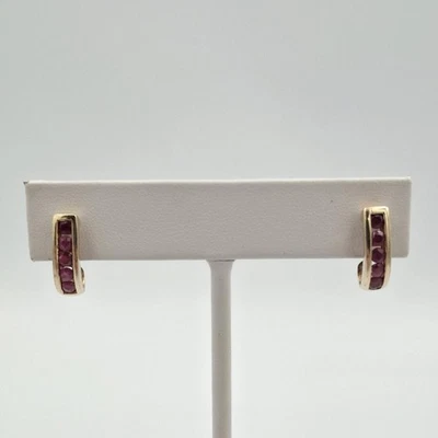 10K Yellow Gold Channel Set Natural Round Ruby Half Hoop Claw Stud Earrings - Image 1 of 4