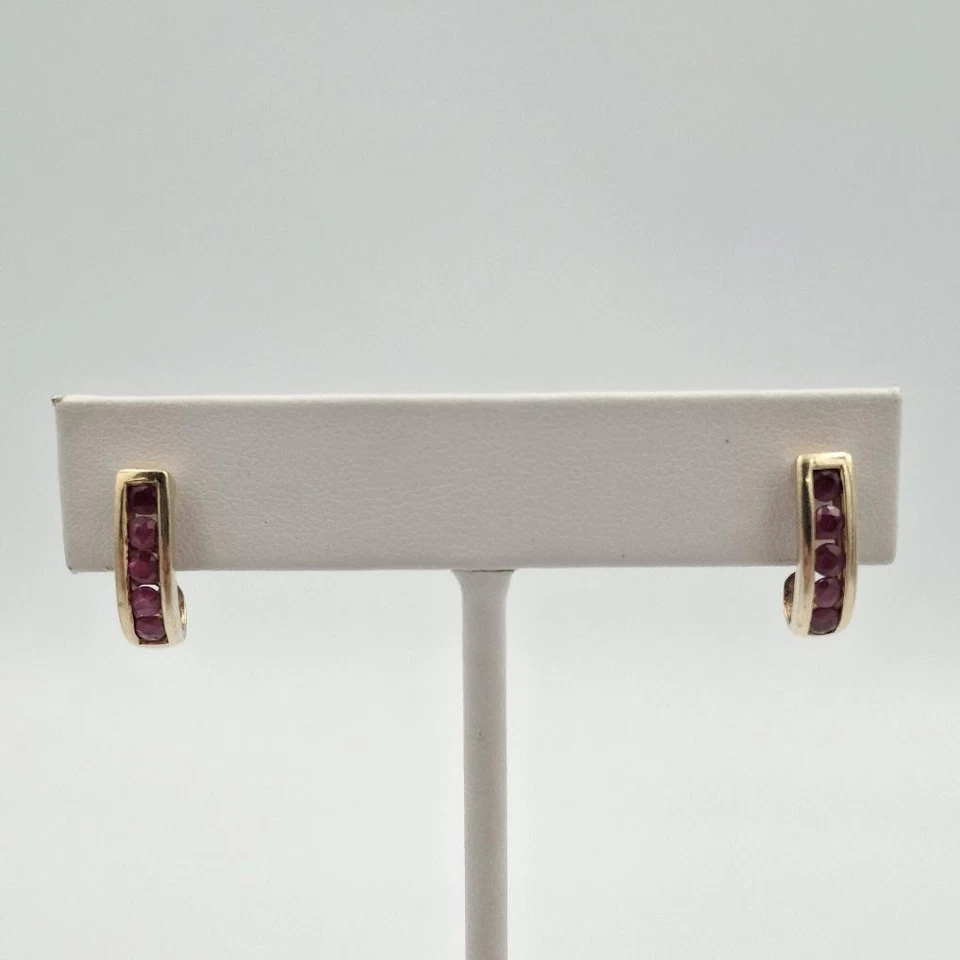 10K Yellow Gold Channel Set Natural Round Ruby Half Hoop Claw Stud Earrings - Image 1 of 4