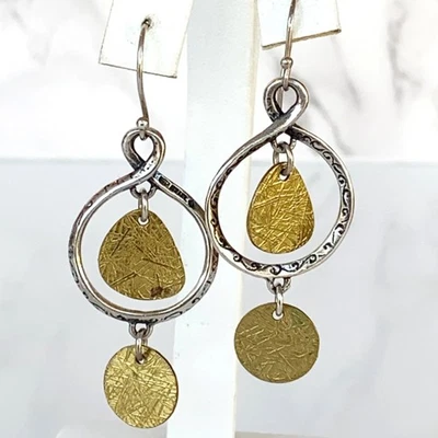 Silpada Sterling Silver Earrings Brass Dangle Twist Etched Vintage Gold 2.25" - Image 1 of 4
